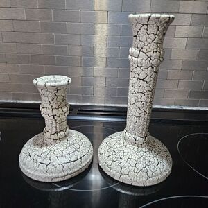 Haeger Ceramic Crackle Glaze Candlestick Column Holdes 1996 Set of 2 Black Ivory